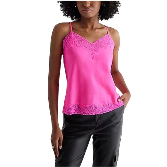 Express Tops - New Express Women's Hot Pink Downtown Cami Satin Lace Trim V-neck Size M